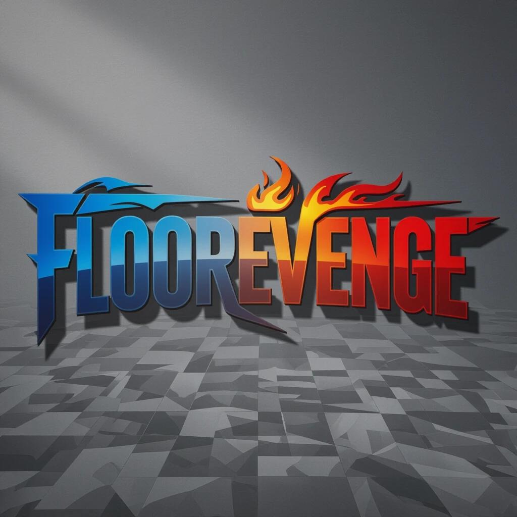 A bold modern logo with the word FLOOREVENGE. The typography is sharp and aggressive. The R has a gradient from blue to red. Other letters are dark. The design is sleek. It fits digital branding and has an energetic vibe.