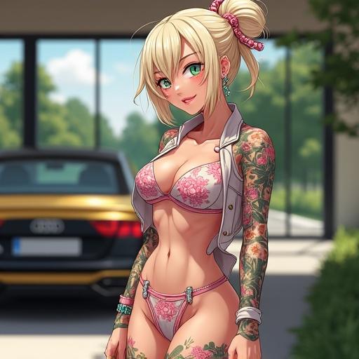 Anime character with emerald green eyes and light blonde hair. Elegant summer pajamas and light pink diamond jewelry. Muscular build features six-pack abs and colorful Japanese tattoos. Inside luxurious mega mansion garage with futuristic Audi. Afternoon lighting setting.