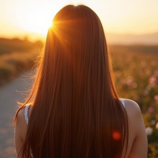 Woman with beautiful straight hair seen from behind. Hair shines brightly in sunlight. Warm outdoor setting with soft light.