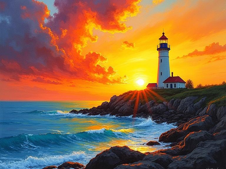 Vibrant alcohol ink painting of a lighthouse on a peninsula at sunset with warm orange, red, yellow hues.