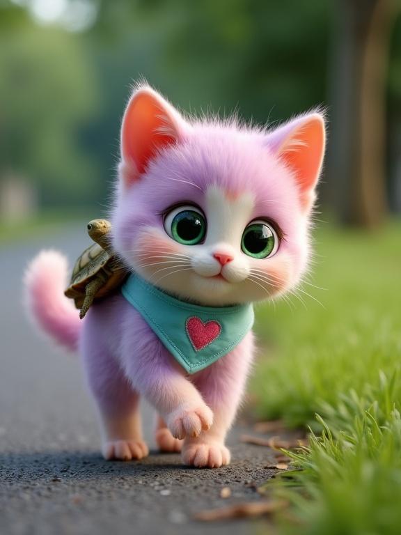 Fluffy anthropomorphic kitten with pastel pink and lavender fur and creamy white belly, large green eyes and oversized head, soft rounded features, tiny paws, perky ears, light blue bandana with pink heart. Kitten hops determinedly along asphalt road with small turtle on back. Green grass and trees in background. Daylight, Pixar-style, cute.