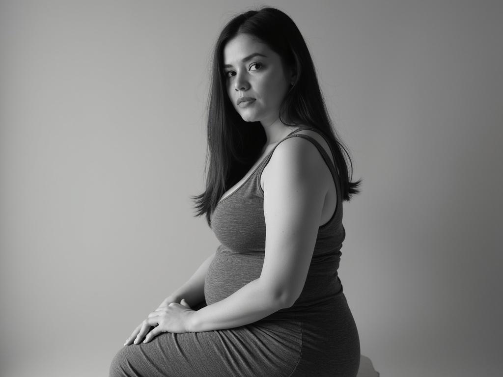 The image features a seated woman with a curvy figure, observed from the front in a monochromatic tone. She has long, straight hair worn down and a light skin tone. Dressed in a simple, sleeveless gray tank top, her hands rest gently on her lap, showcasing well-defined fingers. The composition emphasizes her body and posture, with soft lighting that creates a smooth, even texture throughout the clothing and skin, giving it a serene and calm appearance.
