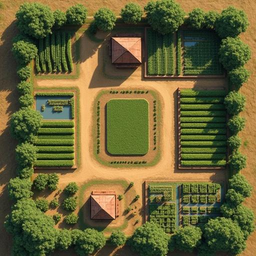 Design a farm layout with crop production plots, raised homestead area, workers' housing, interconnected pathways, and a manmade water source. Include perimeter protection against wildlife.
