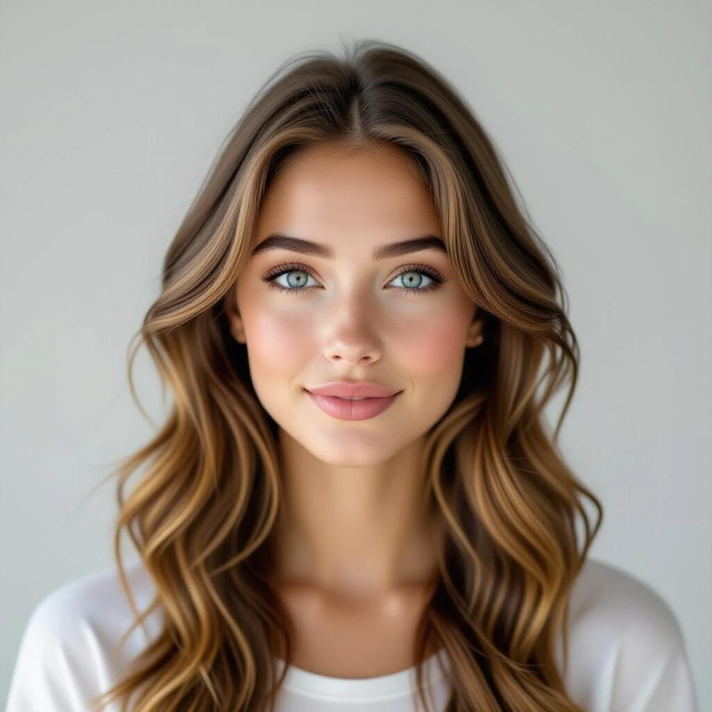 A beautiful 19-year-old woman with long wavy light brown hair stands. She has expressive blue eyes. The background is neutral and highlights her features.