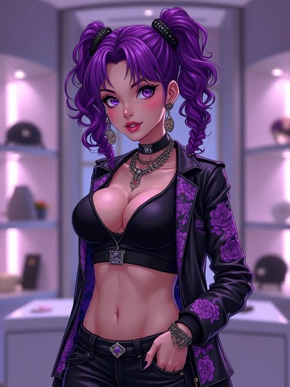 Woman wearing edgy streetwear in luxurious jewelry shop. Jewel tones dominate environment. Amethyst purple decorations and diamonds everywhere. Curly pigtails and striking features highlighted. Focus on fashion and elegance.