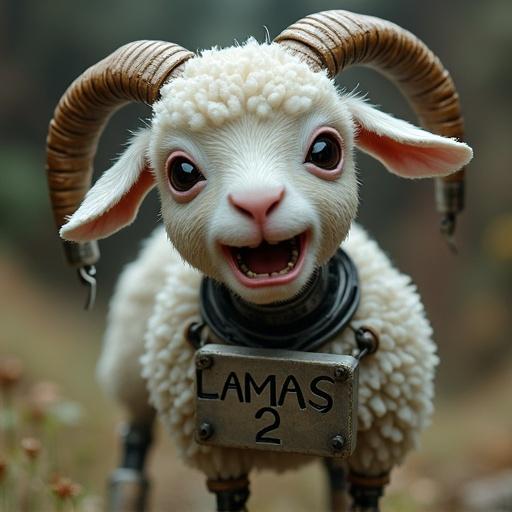 A cyborg lamb with mechanical parts. A metal plate displays 'LAMMAS 2'. The lamb appears expressive and whimsical.