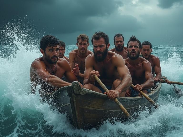 Seven adult men row on a small wooden boat in a stormy sea. High waves crash around them. Dark clouds fill the sky. The men show fear and determination. Some row while others grip the boat. Water splashes dramatically. Wet skin and soaked clothing illuminated by cinematic lighting.