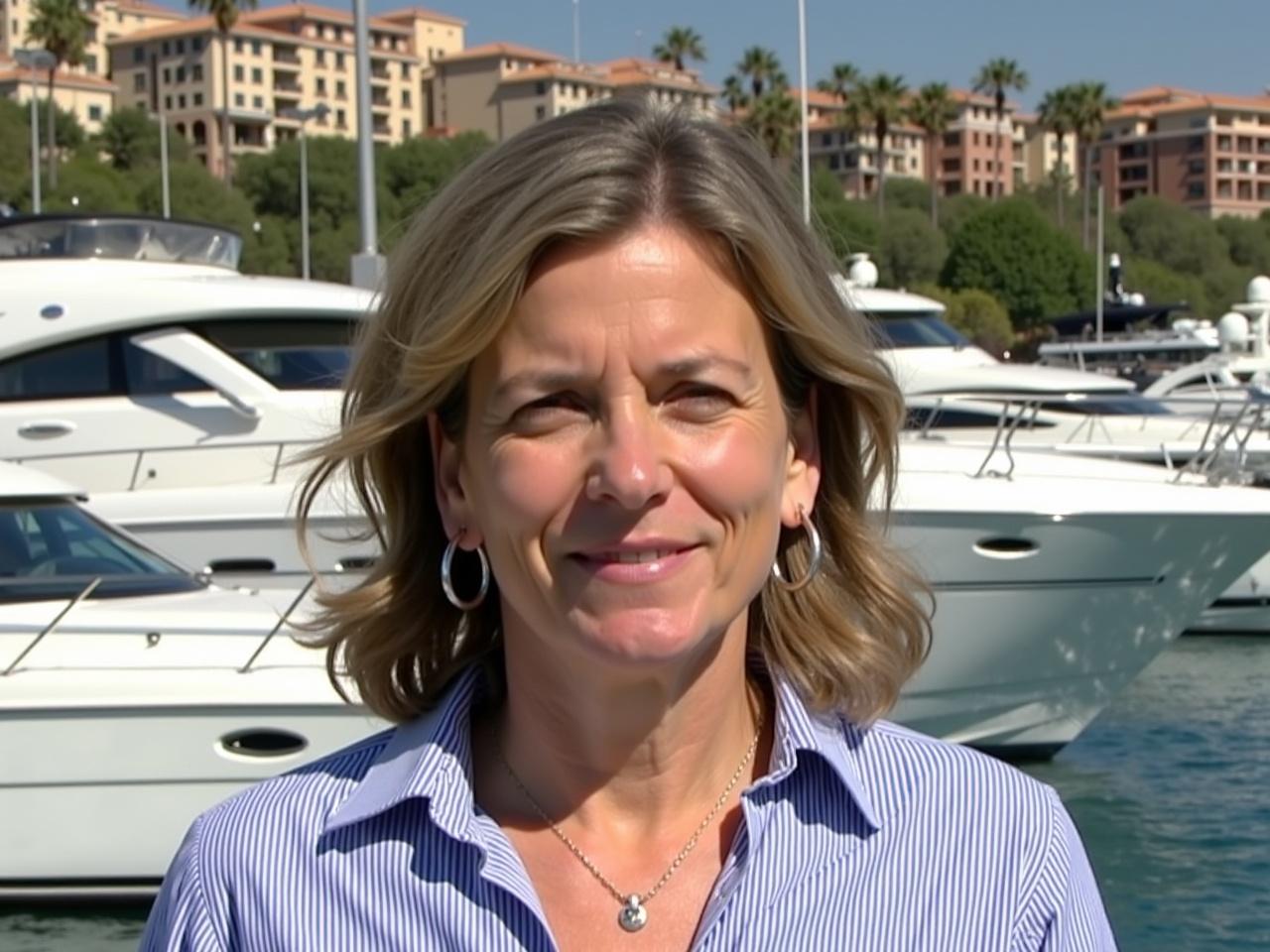 The image shows a person standing in front of a marina filled with luxury yachts. Behind them is a backdrop of residential buildings on a hillside. The person has medium-length, wavy hair and is wearing a blue and white striped shirt. They also have a necklace and large hoop earrings. The scene appears to be sunny, indicating a nice day for being by the water.