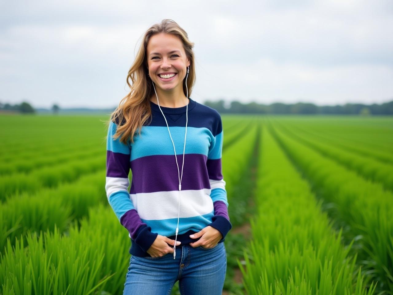 The image shows a smiling young woman standing in a green field. She wears a colorful striped sweater with different shades of blue, purple, and white. Her blue jeans fit comfortably, and she has earphones in, indicating she might be listening to music. The background displays lush green crops under a cloudy sky. The overall mood of the image is cheerful and relaxed, suggesting a pleasant day outdoors.