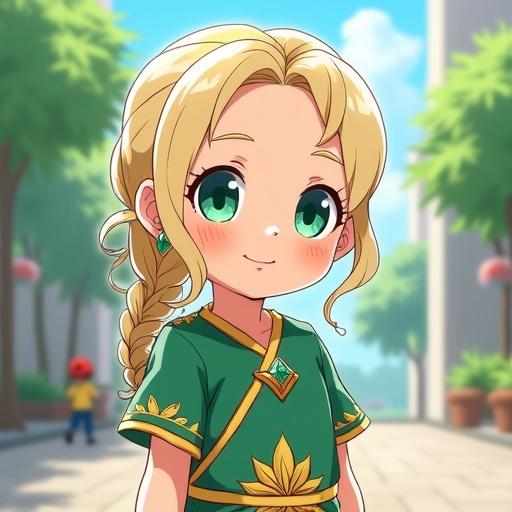 Anime image of a five year old girl. She has emerald green eyes and a cute blonde braided ponytail. Wearing a stylish aquamarine kindergarten uniform with golden lotus prints. The setting is a luxurious academy building. The girl has a joyful expression and is surrounded by trees and other kids playing. Depicts a futuristic and vibrant atmosphere during noon.