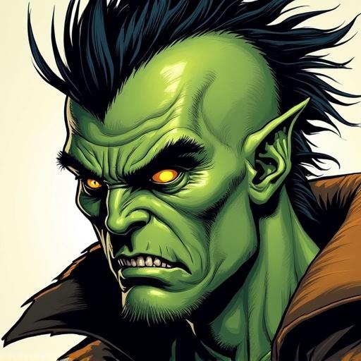 High-quality portrait of an orc with green skin and a mohawk. Features include yellow eyes and side fangs. The style is comic book with smooth lines and shading, using soft lighting.