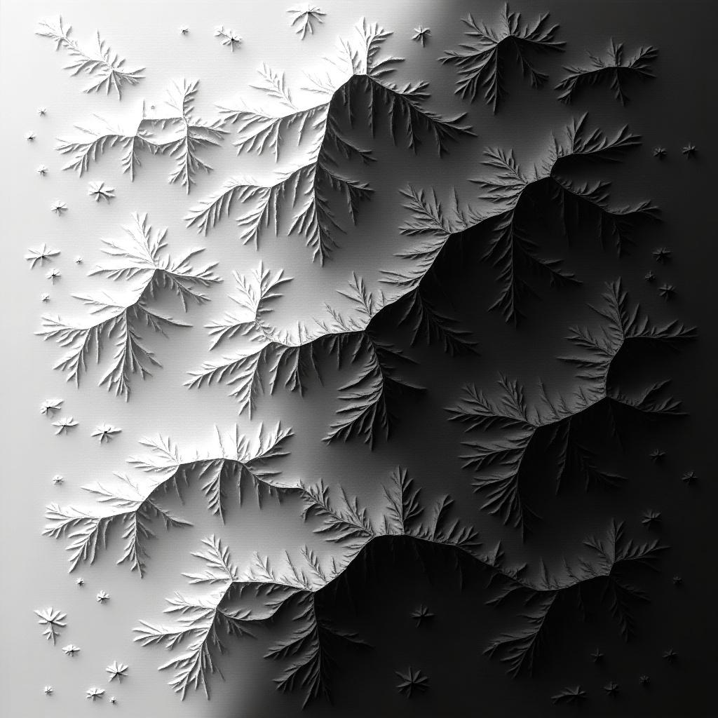 Black and white map showing rugged mountains and flat areas. Deep black represents low terrain and bright white indicates high elevation. Smooth gradients illustrate variations in height across the landscape.