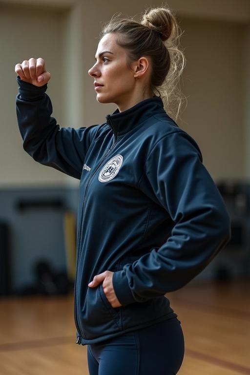Subject stands in hall adopting dramatic pose. One arm extends forward while the other is pulled back. Hair in bun appears disheveled due to workout. Beads of sweat visible on forehead. Training uniform is dark blue with family symbols and appears slightly wrinkled after exercise.