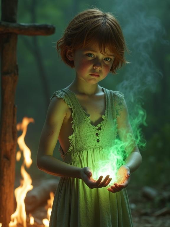 Photorealistic image of a tween girl with short auburn hair. She has smooth pale skin and freckles. Emotionally expressive, the girl stands in front of a burning platform. Her hands are enveloped in green fire. She is wearing a tattered dress and looks horrified as she gazes at her hands. The scene is fantasy-themed with blurred backgrounds and soft light.