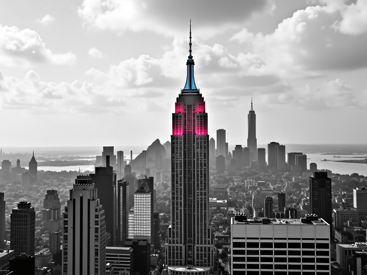 Transform the image to black and white, except for the middle building, which should remain in color. The surrounding skyline and architecture should be rendered in shades of gray, accentuating the contrast with the vibrant hues of the central structure. Clouds in the sky can also appear in black and white, blending into the monochrome theme. The midsection building stands out prominently against the muted backdrop, drawing the viewer's attention. The overall effect should maintain a balance, with a strength of color emphasizing the central building without overwhelming the scene.