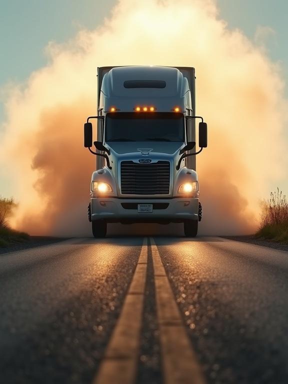 Dramatic low-angle shot of a massive semi-truck on an asphalt road. Cloud of dust billows behind. Headlights blazing. Road extends ahead. Imposing and powerful appearance.