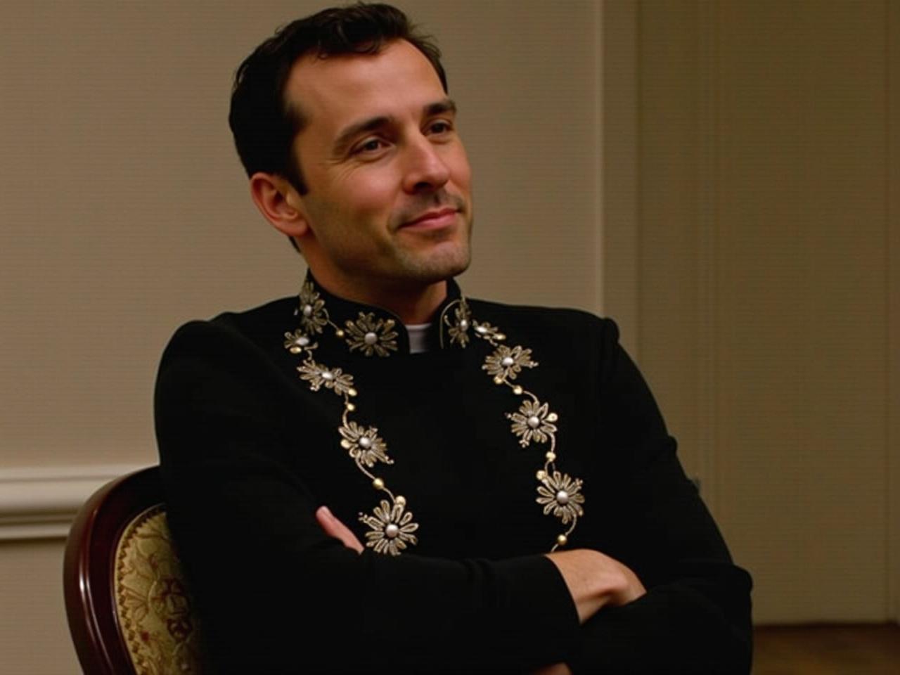 The individual is seated in a chair with arms crossed. His posture is relaxed, yet confident. The body is slightly leaned to one side, enhancing the casual feel. The overall look conveys a sense of ease, fitting for a social gathering. The black attire with ornate details adds a touch of elegance to the image.