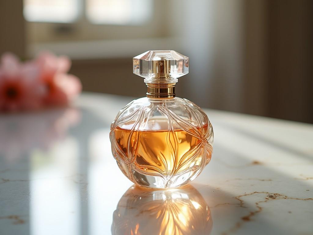 This image features a beautifully crafted perfume bottle, elegantly placed on a reflective surface. The bottle has intricate patterns and a diamond-style cap, showcasing an amber liquid inside. Soft natural light highlights the bottle, creating warm reflections and gentle shadows. The background is softened, allowing the focus to stay on the exquisite perfume. A hint of pink flowers can be seen in the background, adding a touch of color and softness to the composition.