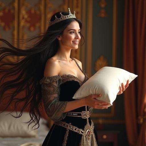 Joyful medieval fantasy queen with long flowing hair preparing to throw a soft white pillow. Elegant dark velvet bodice with gold embroidery and a delicate tiara. Smiling expression and bright eyes convey playful energy. Royal bedroom setting with luxurious decor. Full figure depicted in motion.