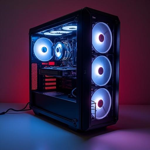 Stylish and modern high-end gaming PC setup with RGB lighting in a dark environment. The case features illuminated fans and advanced hardware. A sleek design emphasizes aesthetic appeal and performance.