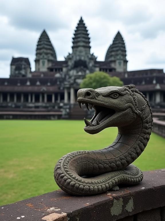 Photo showcases view of iconic Angkor Wat temple complex with a stone multi-headed Naga sculpture. Foreground features naga on a balustrade. Lush green grass surrounds the temple. Overcast sky adds a mystical tone.