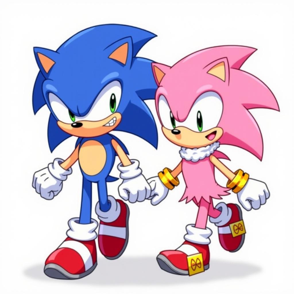 Illustrated characters from Sonic the Hedgehog franchise. Blue hedgehog and pink hedgehog walking together. Playful expressions. Bright colors. Engaging style for all ages.