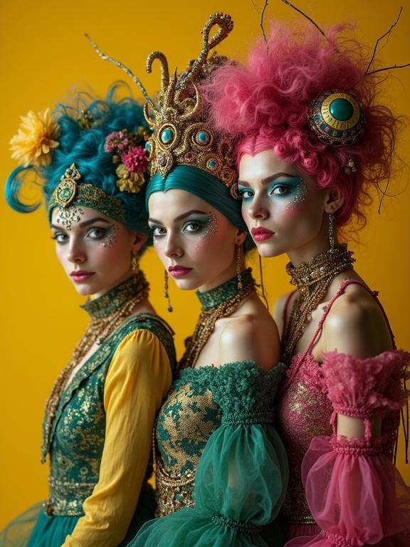 Three exquisite gypsies styled in eccentric attire. Vibrant shades and tones of green, magenta, yellow, and blue are prominent. Rich intricate details. Background is contrasting yellow ocher and burnt sienna.