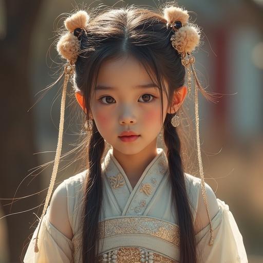A young girl wearing traditional Chinese Hanfu is playing the Gu Zheng in a classroom setting.