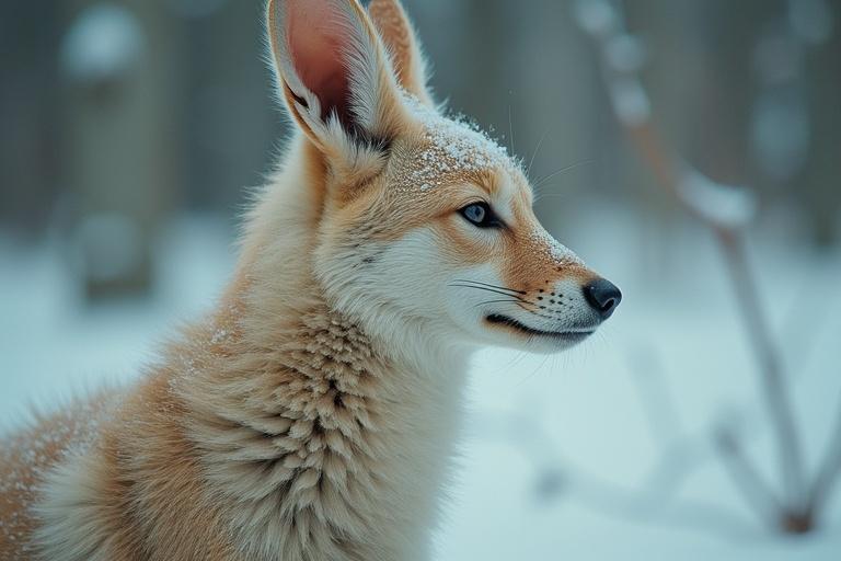 Close-up profile of a fox in the snow. The fox has soft fur and some snowflakes on its face. The background is blurred trees in a winter setting.