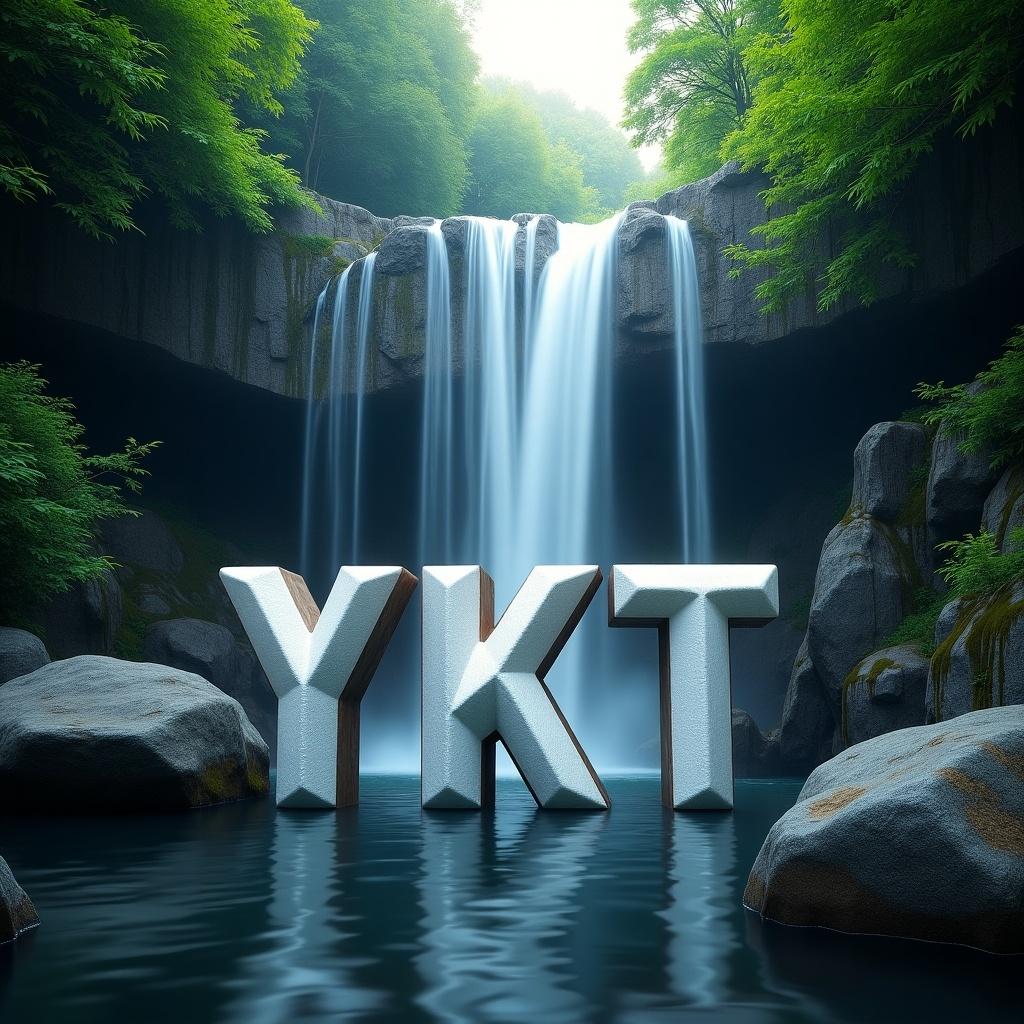 Visually stunning digital graphic of YKT in elegant typography. Integrated into majestic waterfall scene with lush greenery, smooth rocks. Initials prominently in foreground, blending with environment, carved into rock or glowing. Professional artistic feel, suitable for contact photo.