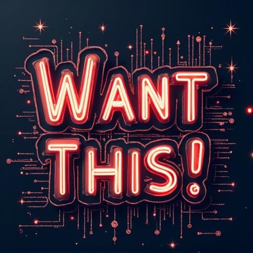 A bright neon advertisement, featuring bold text that reads 'WANT THIS!' on a dark background with a dynamic graphic design.