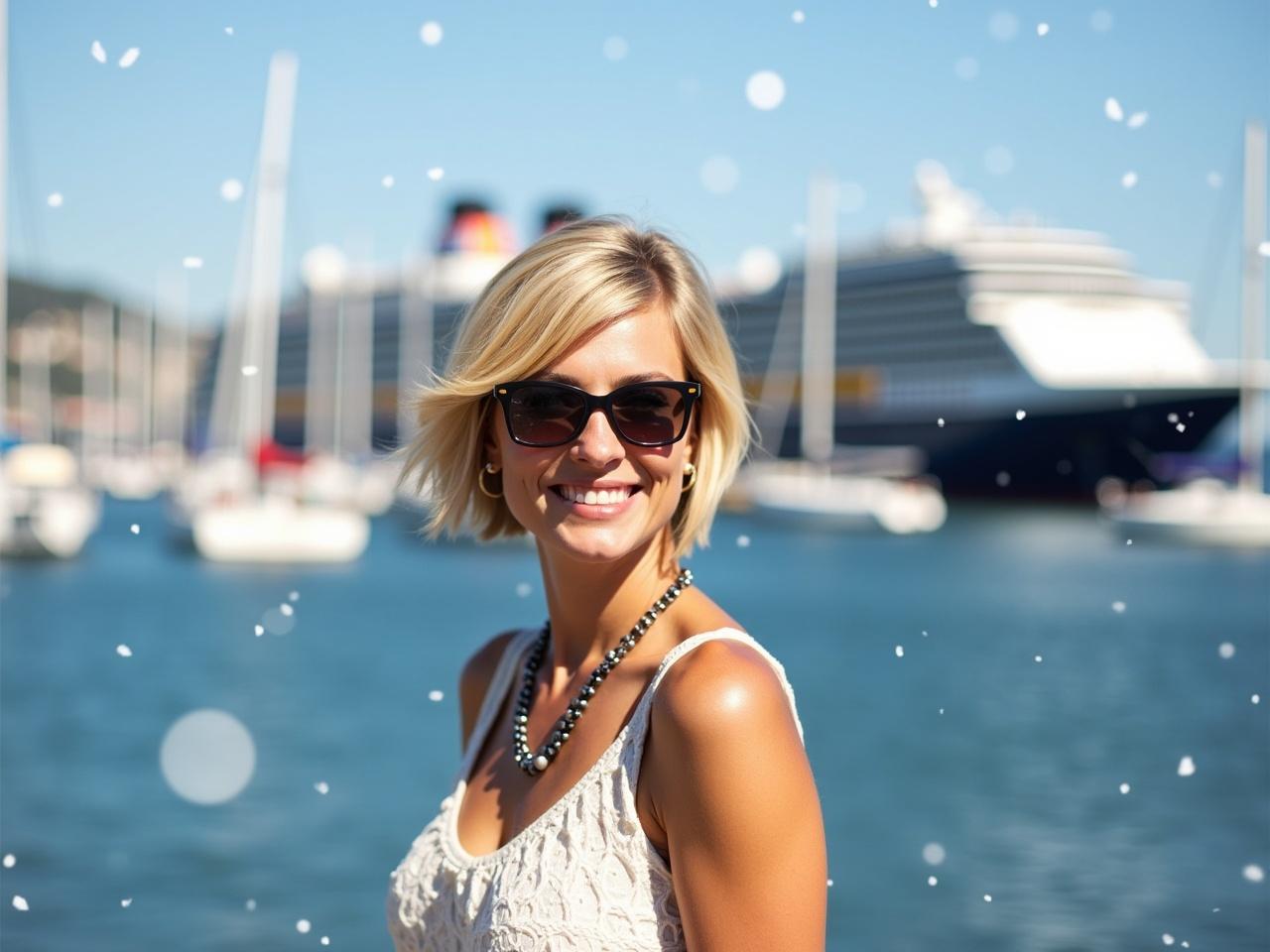 A woman stands near a harbor with sailboats and a large cruise ship behind her. She has short, blonde hair and wears sunglasses, along with a stylish necklace. The sunny weather contrasts against the serene water. Snow is gently falling in the background, adding a unique touch to the scene. The woman appears confident and relaxed, enjoying her surroundings.