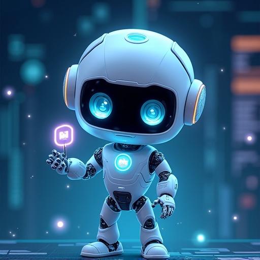 Anime robot girl mascot. Clothing has glowing circuits. Soft blue colors are dominant. Big expressive eyes are visible. Holds a small MimicPC logo. Digital background features tech patterns. AI assistant vibes are prominent. Sparkles add charm. Clean style throughout.