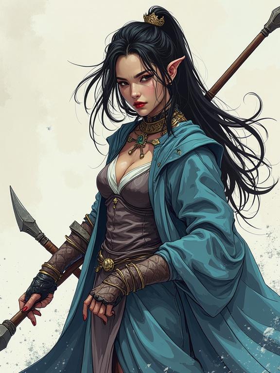 Hand-drawn illustration featuring a female goblin fighter holding a spear. She exhibits an icy breath effect. The style blends manhwa and comic art with strong cel-shading. The pose is heroic. Detailing includes skin texture and fabric design. Bold outlines create a cinematic feel.
