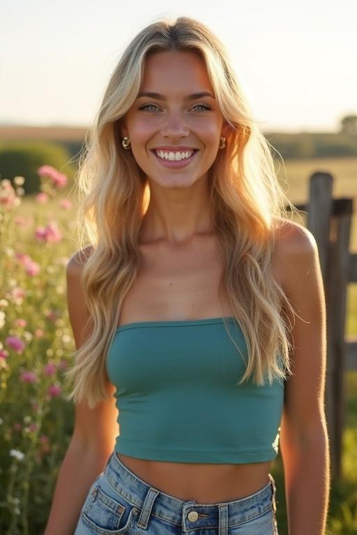 Portrait of a young woman outdoors. She has fair skin and long blonde hair styled in a braid. Wearing a teal crop top and denim shorts. Minimal makeup with soft pink lips. Blooming wildflowers in the background. Wooden fence visible. Soft golden-hour lighting. She smiles gently, radiating peace.