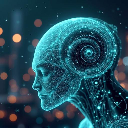 Abstract representation of artificial intelligence managing hotel operations. Focusing on technology integration and data processing in hospitality. The design includes a stylized human head symbolizing AI intelligence, surrounded by digital elements.