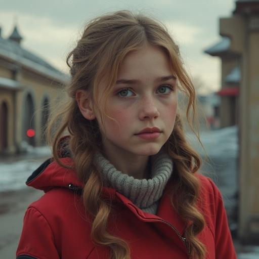 Portrait of a young girl dressed in a Soviet pioneer uniform outdoors. Emphasis on facial features and attire with a realistic depiction.