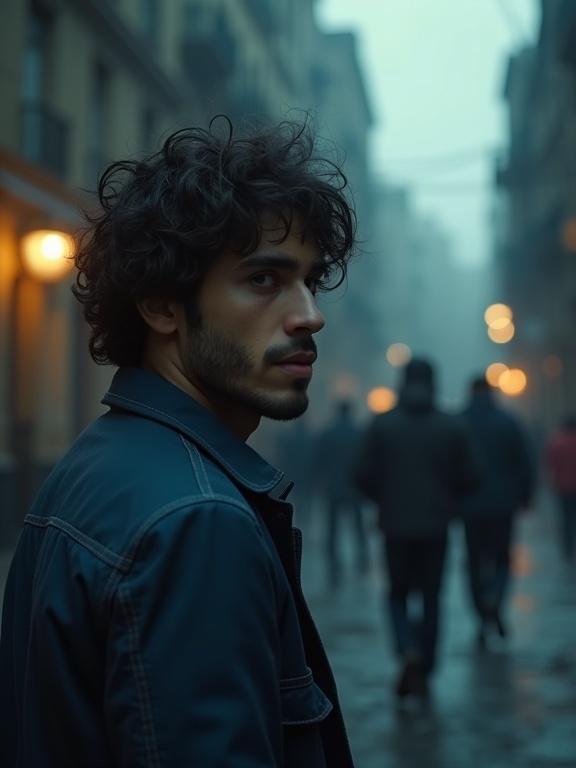 A handsome Latin man stands in a gritty city setting. He wears dark clothing and has thick dark wavy hair. The atmosphere is tense with three men in the background. The lighting is strong and creates a moody ambiance. The camera angle is from a distance, capturing the urban environment and the drama of the scene.