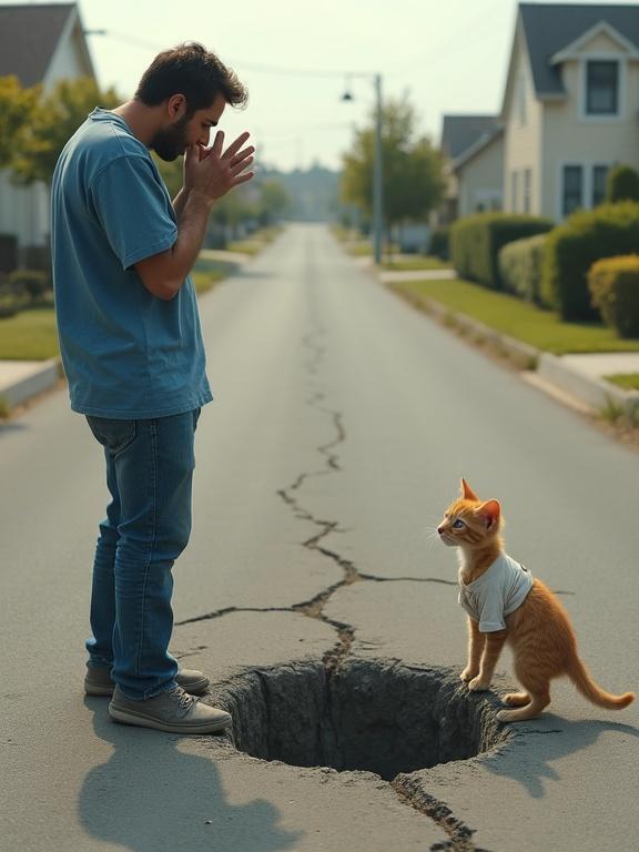 Suburban road scene with a man and a kitten near a large hole. Man in a blue t-shirt looks shocked. Kitten stands beside him, wearing a dirty shirt, both staring at the hole. Background shows quiet homes in daylight. High-detail realistic style.