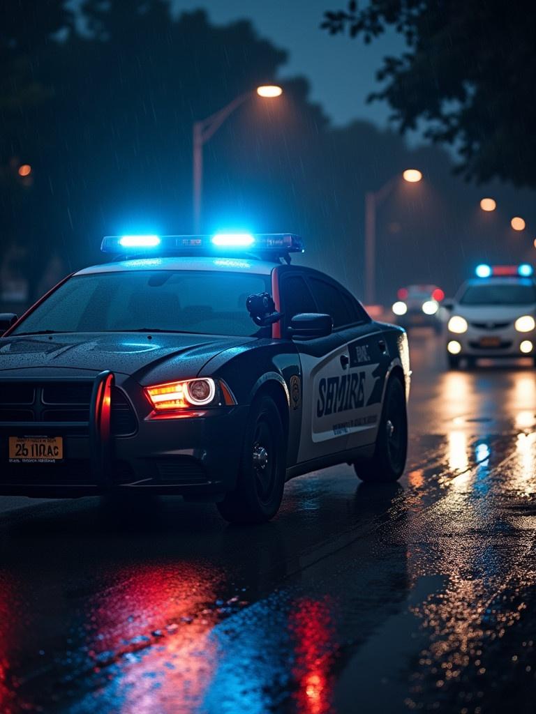 Image features a police car with flashing lights parked on a reflective wet road. The car belongs to SHMIRA police department. Moody atmosphere created by nearby street lights and rain. Evokes feelings of public safety and emergency readiness. Depicts law enforcement presence during rainy conditions.