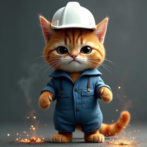 A semi-realistic cat wears a white hard hat and blue work uniform. Cat has a dazed expression, singed fur with smoke trails, blackened face, curled whiskers. Cat stands stiffly with limbs outstretched near sparks, suggesting a funny electrical accident.