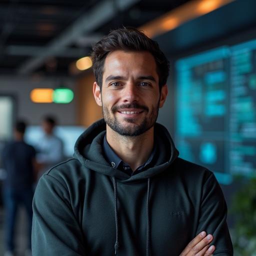 Image depicts a male software developer with a confident smile in a modern office setting. He wears a black hoodie, has a neatly groomed beard, and is posed in a professional manner. Background suggests a tech environment with digital displays.