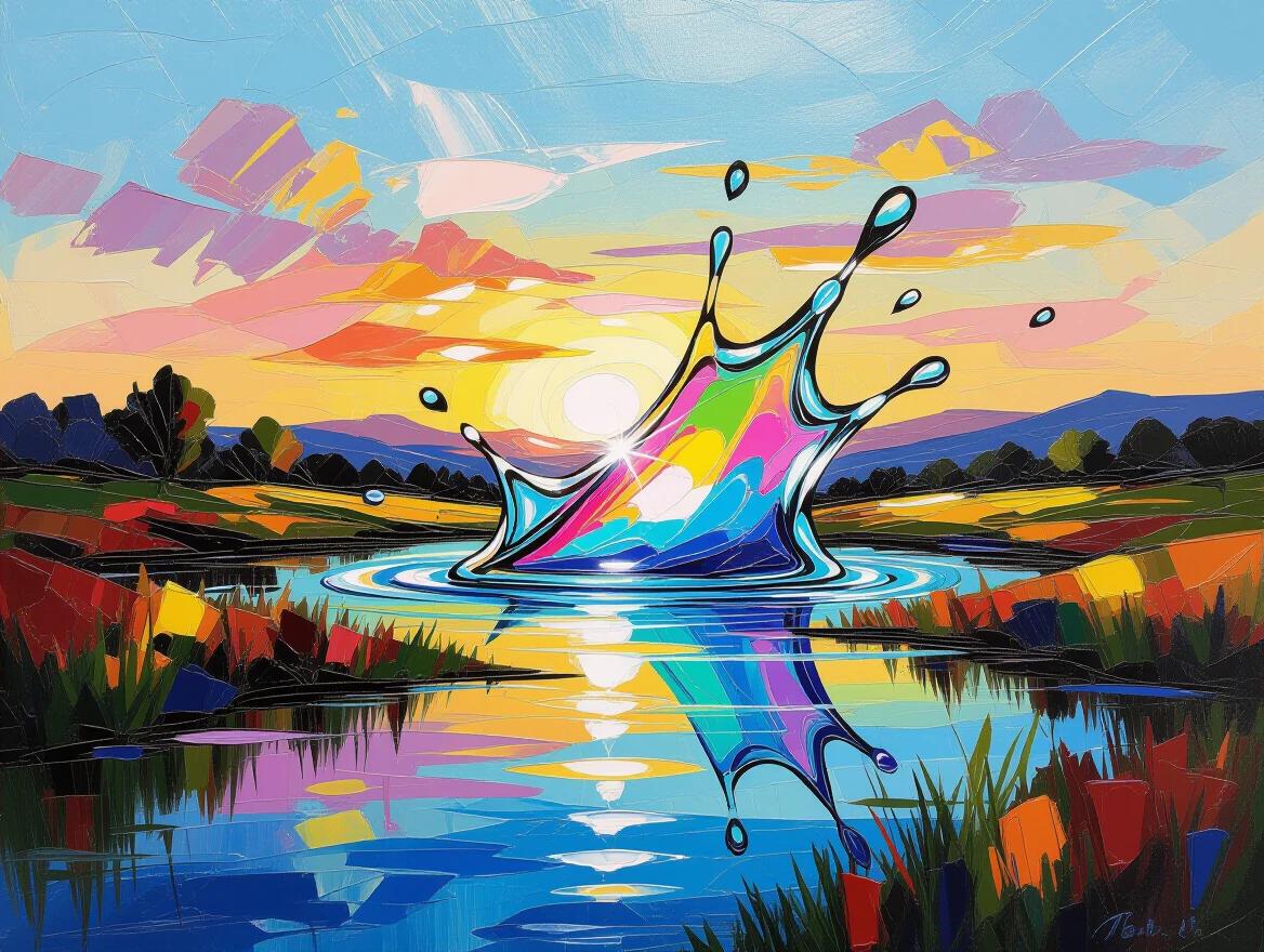 Impasto oil painting of a colorful landscape. A sharp splash of holographic liquid chrome interrupts the scene. A beautiful Y2K aesthetic shines through with hyper-detailed elements.