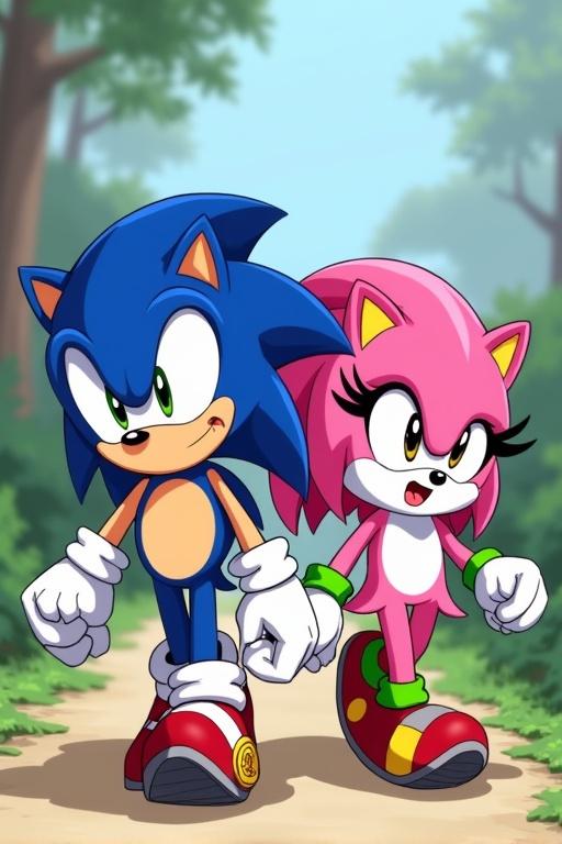 Two iconic characters from the Sonic the Hedgehog franchise are depicted walking side by side. Sonic is a blue hedgehog and is illustrated with a confident smile. Amy, the pink hedgehog, walks next to him with a happy expression. The style is vibrant and captures the playful essence of the characters in a natural setting.