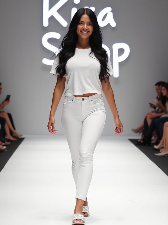 Young woman walks on a catwalk wearing an all-white outfit. She has long black hair and a warm smile. The background features the illuminated sign 'Kira Shop'.