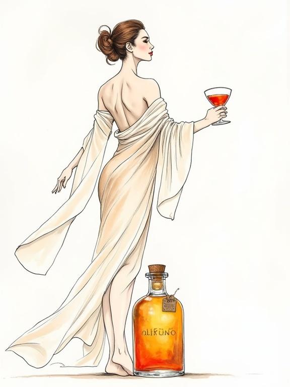 Minimalist abstract line art drawing. Beautiful goddess silhouette in luxury garden. Confident and graceful pose. Single continuous line drawing. Translucent silk wrap that accentuates curves. Watercolor pastel body. Toasting with cocktail liqueur glass. Apothecary bottle labeled 'ALFRUNO' radiating golden-red glow. Inspired by minimalist aesthetics.