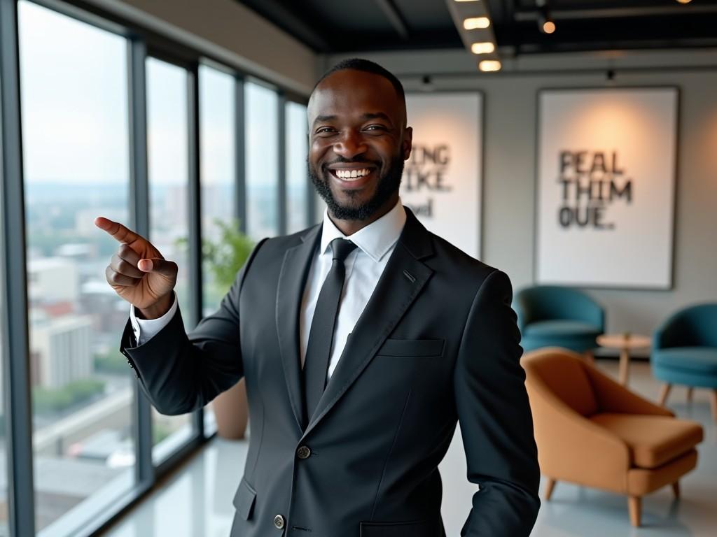 A confident man in a suit smiling and pointing inside a modern office with large windows and motivational posters on the wall.