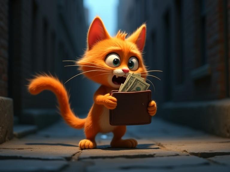A surprised stray orange cat discovering a wallet full of cash in a dark alley. Dramatic expression reveals the cat's surprise. Wallet is highlighted by soft backlight. Image has a Pixar 3D animation style.