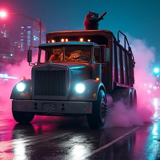 Ultra-detailed cinematic still of an epic nighttime chase. Heavily modified garbage truck drifts through neon-lit city streets. Rain-slicked asphalt reflects vibrant pink and blue lights. Muscular ginger cat drives wearing mirrored aviators and a red bandana. Three feline accomplices in the trash compactor area. Grey tabby mechanic gesturing to a glowing 'NITRO' button. Sleek black cat spotter with binoculars tracking police cars. White-furred enforcer swinging a spiked baseball bat at debris.