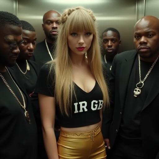 Scene in a crowded elevator with an attractive woman. She has sharp bangs and long blonde pigtails. Attractive and busty, she wears a v-neck crop top. The top says 'IR GB'. She has big blue eyes and full makeup. She smiles and poses for selfies. She wears a short gold miniskirt and high heels. Several black men are around her.